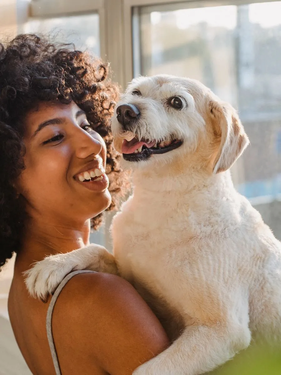 Una persona abraza con calma a su perro