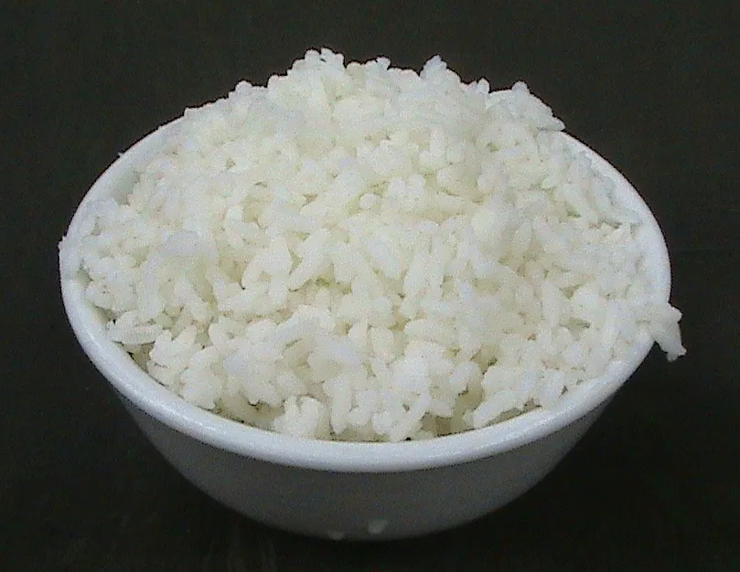 Tazón de arroz blanco cocido y esponjoso, listo para preparar una dieta blanda